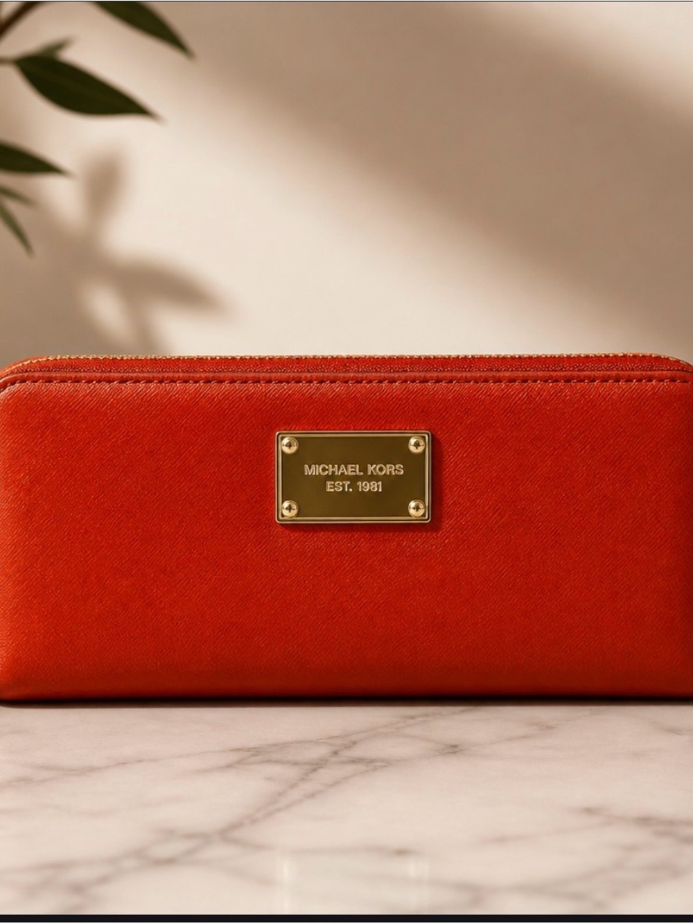Michael Kors Red Zip-Around Wallet with Gold Plaque
